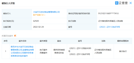 大连天元世纪物业管理成被执行人，执行标的超6万元，涉沈阳房屋租赁服务